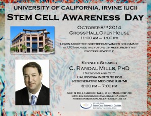 Oct 8th is Stem Cell Awareness Day. Come meet our scientist and hear from our keynote speaker Dr. C. Randal Mills. President and CEO of CIRM. 
